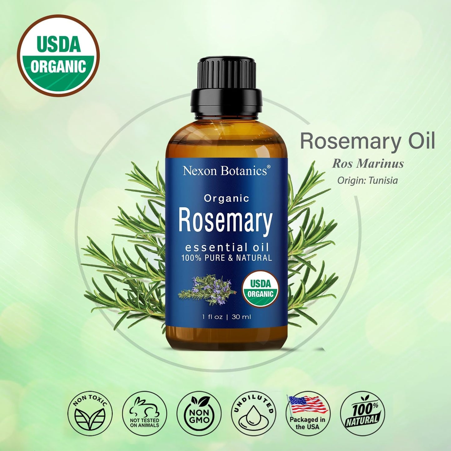 Organic Rosemary Essential Oil 30 Ml - Pure, Natural Oil for Aromatherapy, Skin, and Hair Growth - Aceite De Romero -