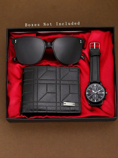 3Pcs Men'S New Fashion Versatile Watch - Quartz Movement, Sunglasses, Wallet Perfect Business and Leisure Party Gift