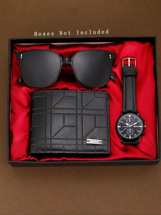 3Pcs Men'S New Fashion Versatile Watch - Quartz Movement, Sunglasses, Wallet Perfect Business and Leisure Party Gift