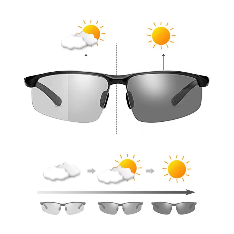 Photochromic Sunglasses Men Polarized Day Night Driving Glasses High Quality Aluminium Rimless Chameleon Eyewear Gafas