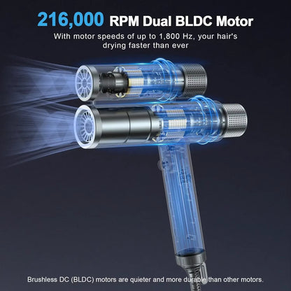 Pro Professional Hair Dryer, Unique 216,000 RPM Dual Brushless Motor | Ionic Blow Dryer for Salon & Home Use | Compact, Lightwei
