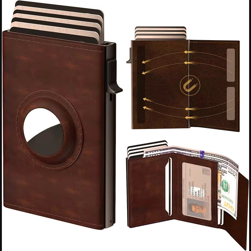 Men'S Card Bag with Air Tag Positioning Slot RFID anti Theft Brush Ultra Thin Metal Wallet Credit Card Clip