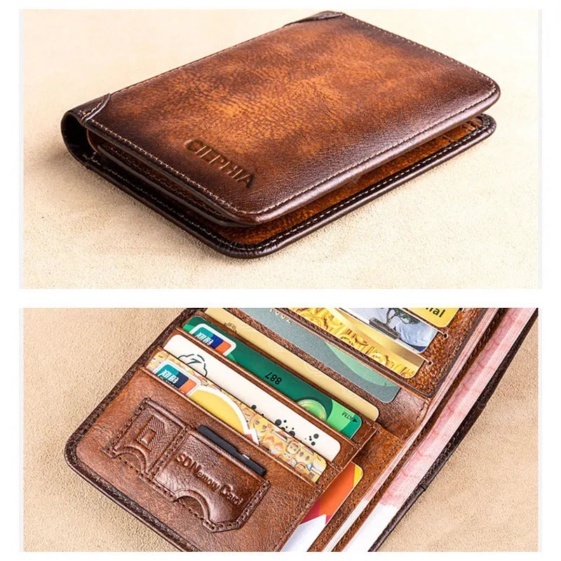 Vintage Genuine Leather RFID Wallet – Slim, Multi-Function ID and Card Holder