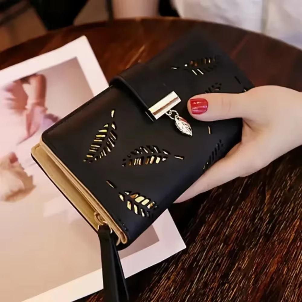 Women Wallet PU Leather Purse Female Long Wallet Gold Hollow Leaves Pouch Handbag for Women Coin Purse Card Holders Clutch