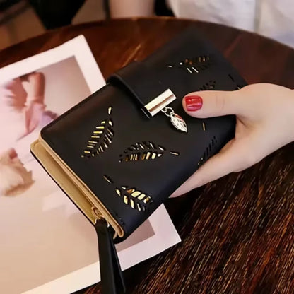 Women Wallet PU Leather Purse Female Long Wallet Gold Hollow Leaves Pouch Handbag for Women Coin Purse Card Holders Clutch