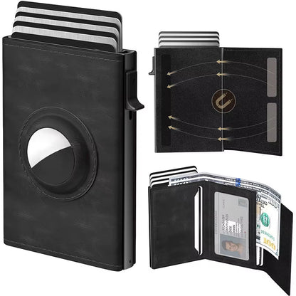 Men'S Card Bag with Air Tag Positioning Slot RFID anti Theft Brush Ultra Thin Metal Wallet Credit Card Clip