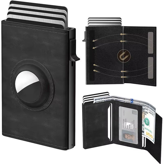 Men'S Card Bag with Air Tag Positioning Slot RFID anti Theft Brush Ultra Thin Metal Wallet Credit Card Clip