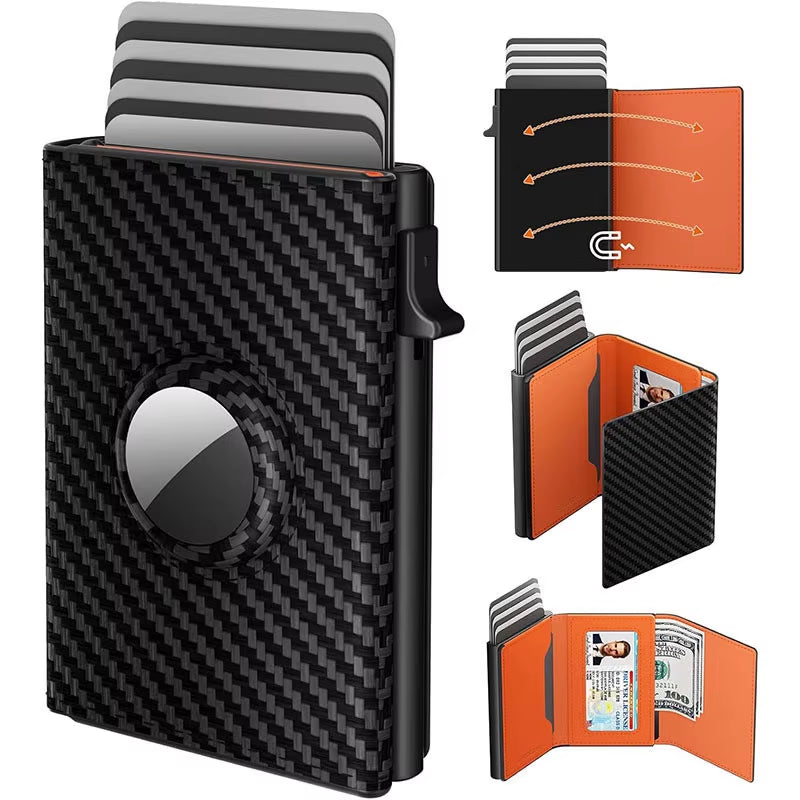 Men'S Card Bag with Air Tag Positioning Slot RFID anti Theft Brush Ultra Thin Metal Wallet Credit Card Clip