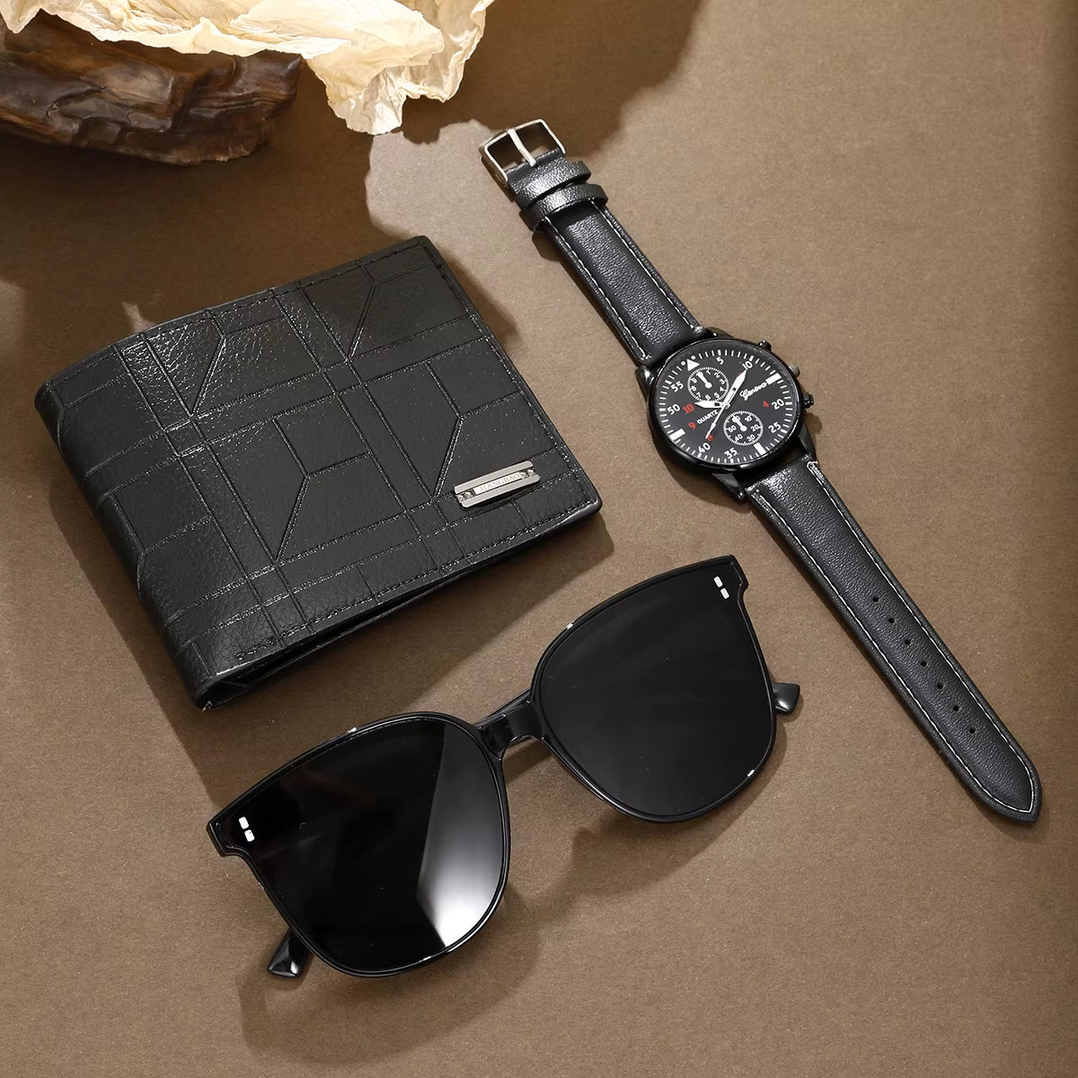 3Pcs Men'S New Fashion Versatile Watch - Quartz Movement, Sunglasses, Wallet Perfect Business and Leisure Party Gift