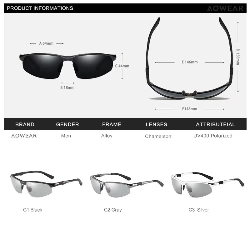 Photochromic Sunglasses Men Polarized Day Night Driving Glasses High Quality Aluminium Rimless Chameleon Eyewear Gafas