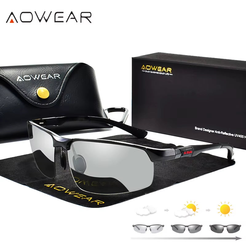 Photochromic Sunglasses Men Polarized Day Night Driving Glasses High Quality Aluminium Rimless Chameleon Eyewear Gafas